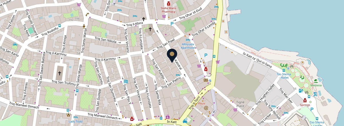 Street map of Sliema with a pin on 66, Triq tal-Katidral, Sliema. Opens Google Maps.
